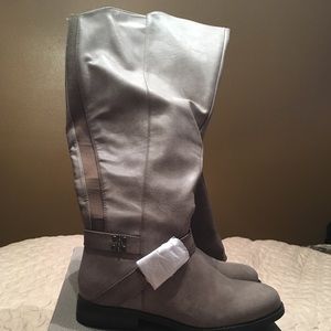 Gray knee high boots